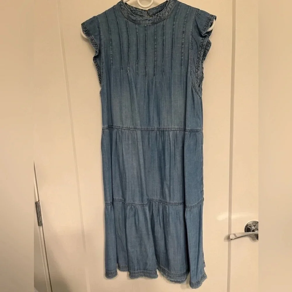 Tiered denim midi dress with pintuck detail and pockets, size XS, NWOT - Picture 3 of 8